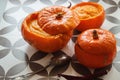 Creamy pumpkin soup and homemade bread on grey tiled table. Soup in a squash top view photo. Thanksgiving menu ideas.ÃÂ ÃÂ  Royalty Free Stock Photo